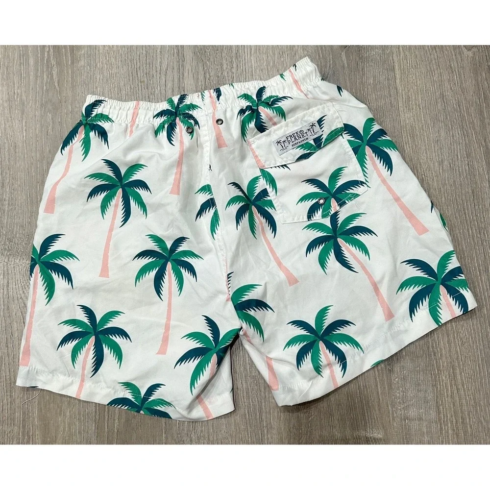 FREE‎ PLANET Swim Shorts Men's Medium White PalmTrees Tropical Swim Trunk Short